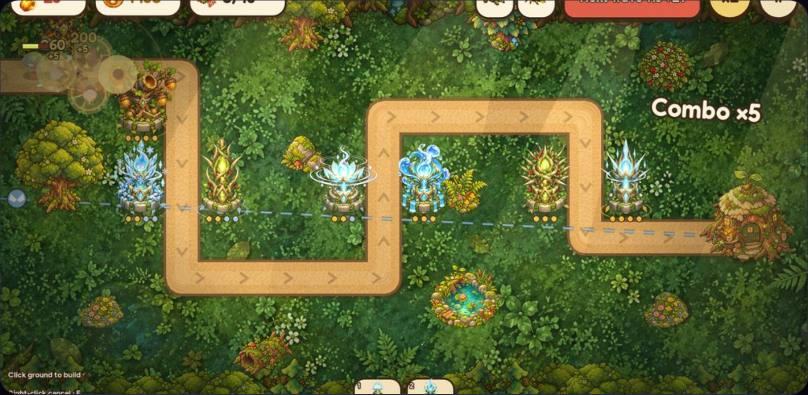 In-game Spiritwood Defense: magical guardian towers protecting a winding path through a lush forest
